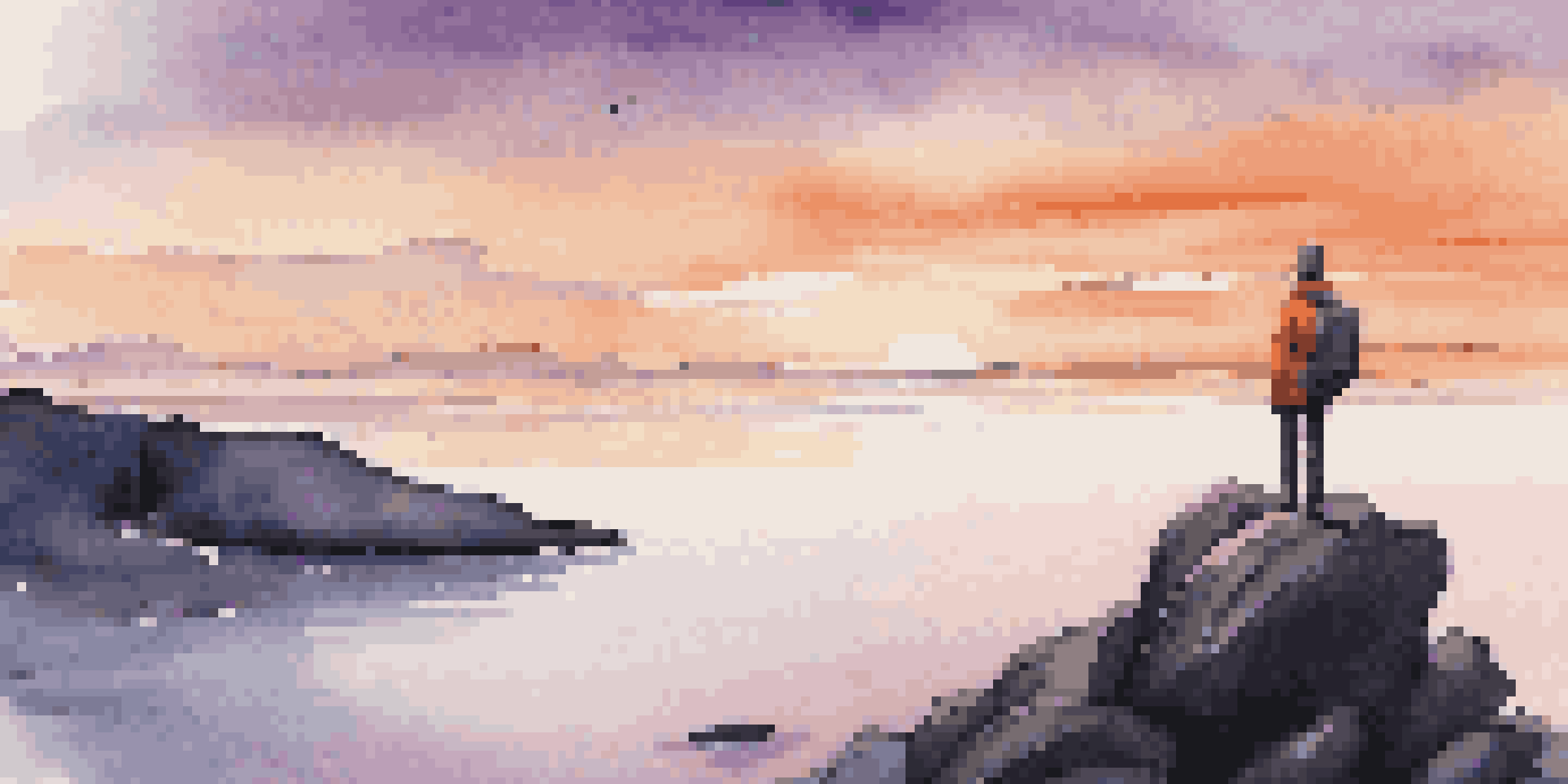A traveler stands on a cliff at sunset, overlooking the ocean, with a simple backpack, dressed in comfortable clothing.