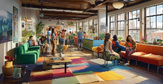 A lively hostel common area with travelers socializing, colorful furniture, and a bright ambiance.