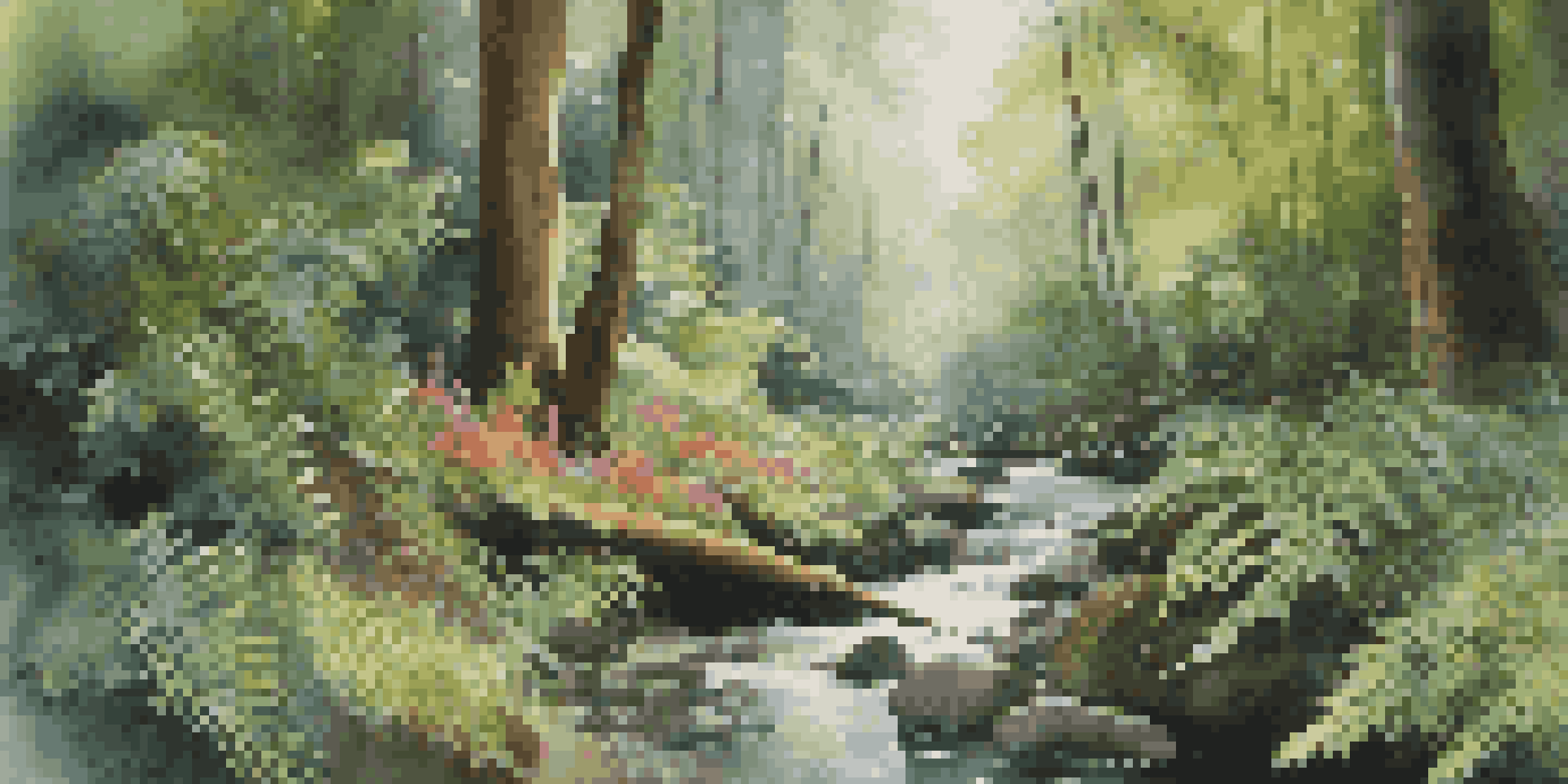 A tranquil rainforest with tall trees, bright green plants, and sunlight shining through the leaves, alongside a flowing stream.