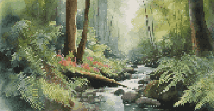 A tranquil rainforest with tall trees, bright green plants, and sunlight shining through the leaves, alongside a flowing stream.