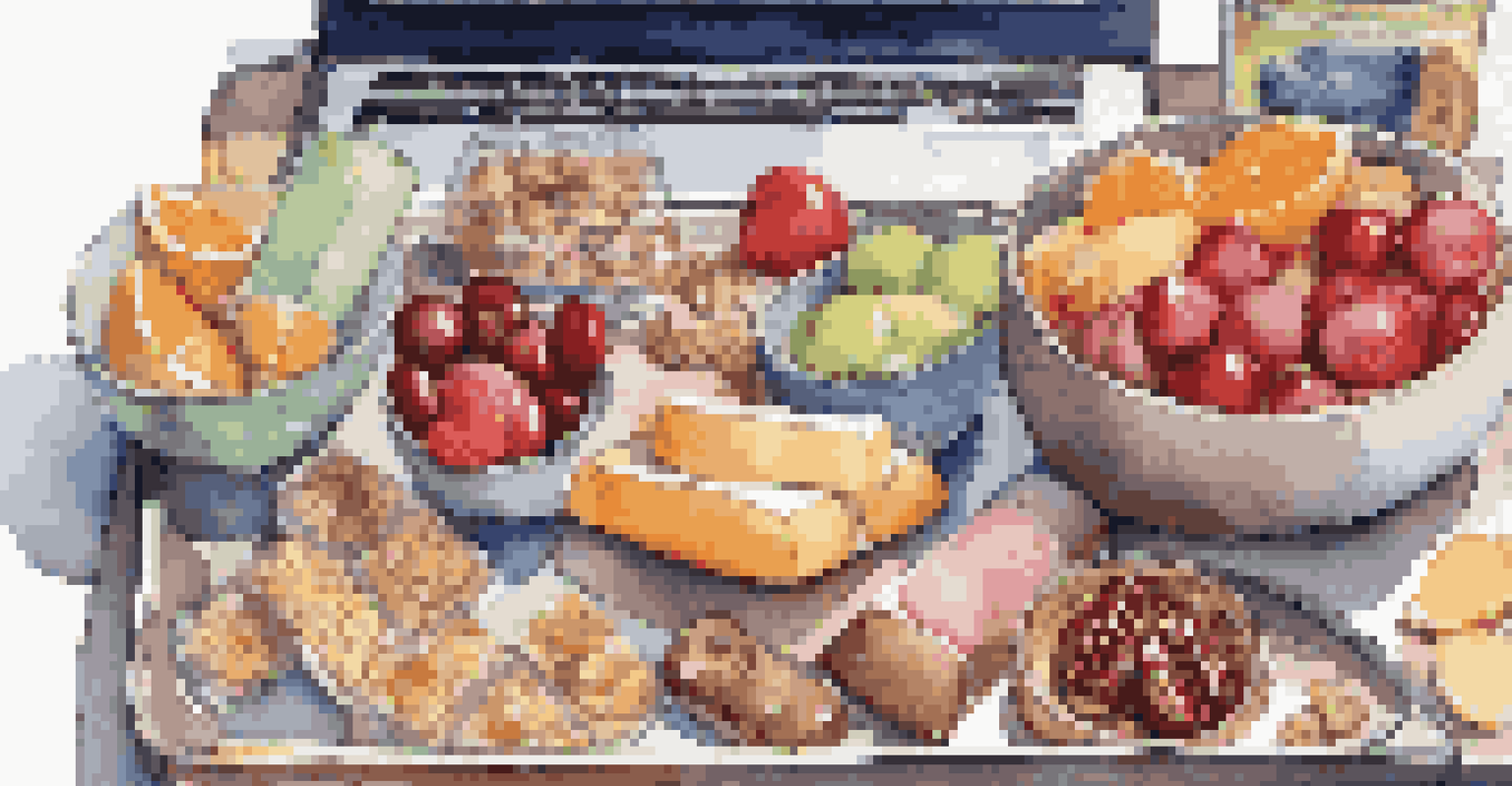 A variety of travel-friendly snacks on a tray next to a travel organizer and a laptop.