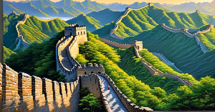 A panoramic view of the Great Wall of China with tourists walking along it, surrounded by green mountains and a blue sky.