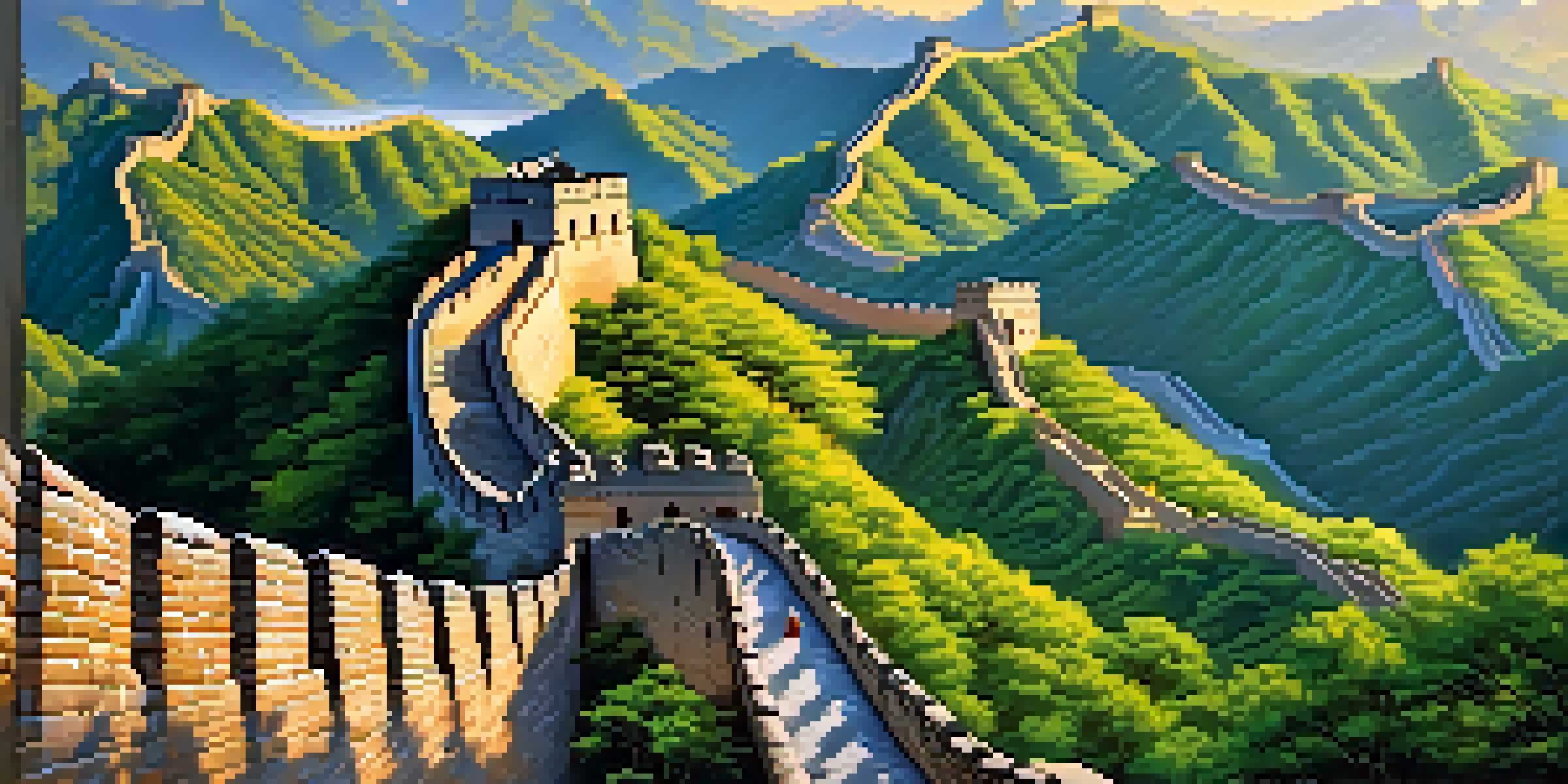 A panoramic view of the Great Wall of China with tourists walking along it, surrounded by green mountains and a blue sky.