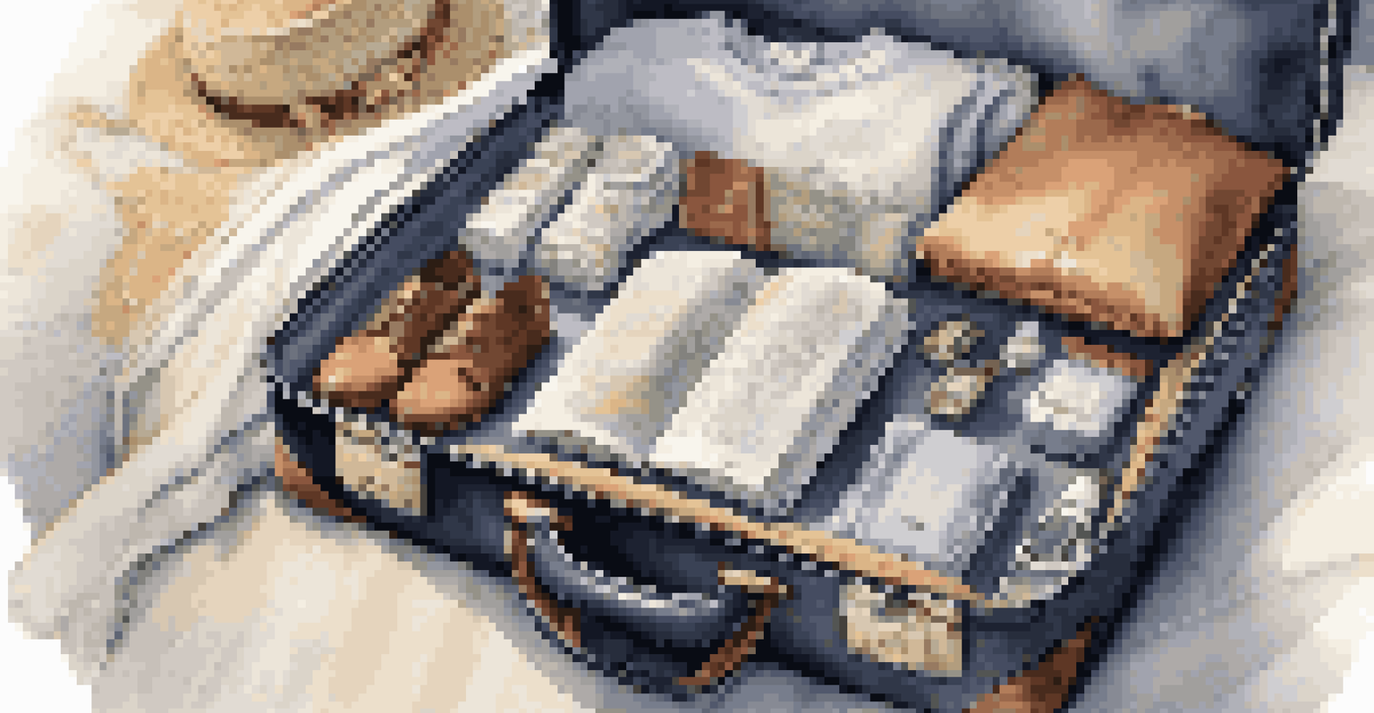 An open carry-on suitcase on a bed, neatly packed with rolled clothes and travel items.