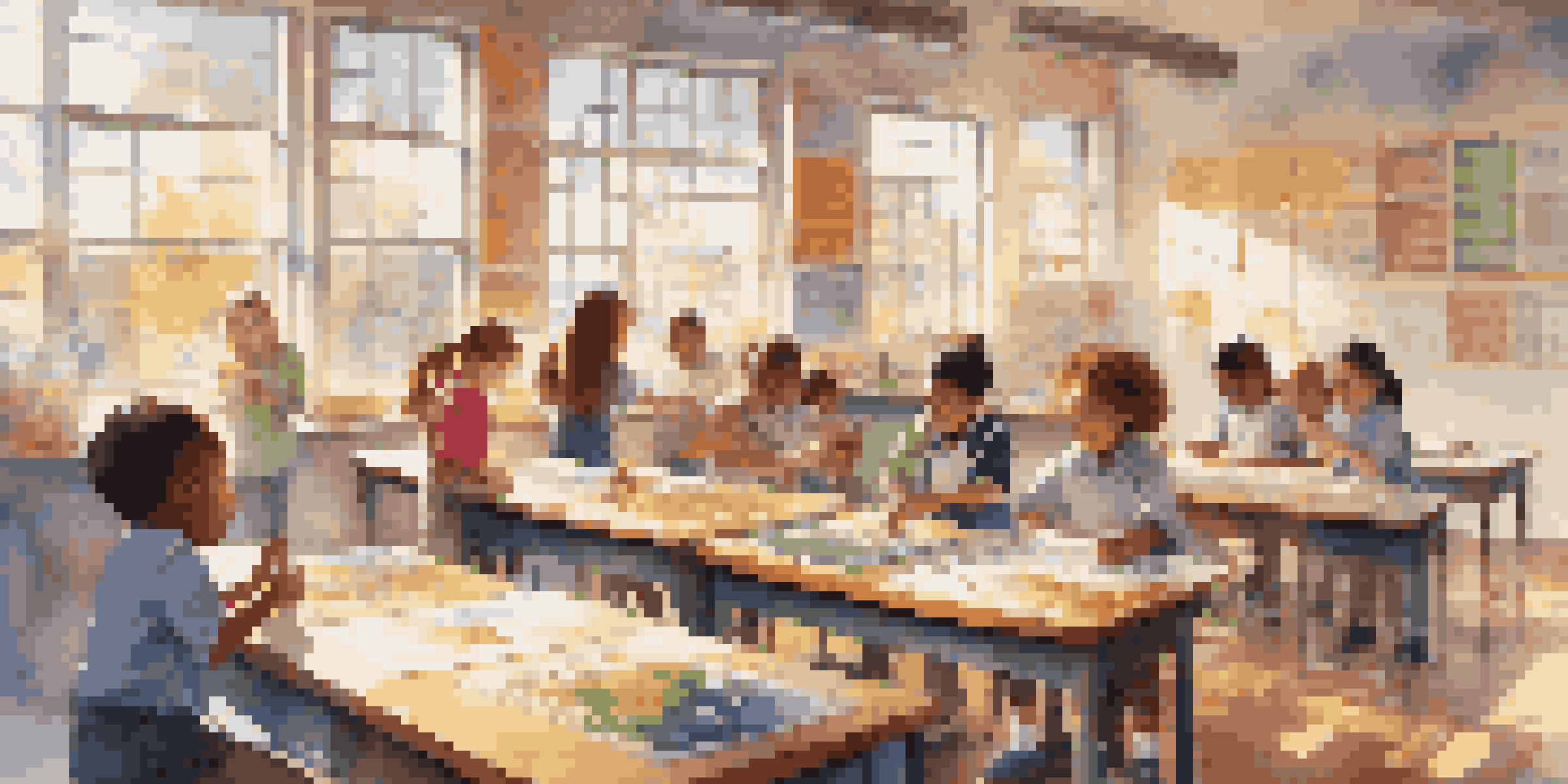 A lively classroom with children participating in a science experiment, illuminated by sunlight.