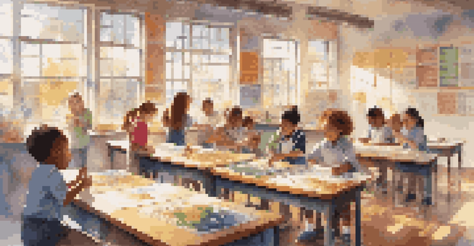 A lively classroom with children participating in a science experiment, illuminated by sunlight.