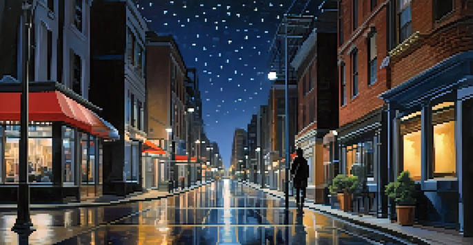 A nighttime city scene with well-lit streets, an illuminated traveler wearing reflective clothing, and a starry sky.