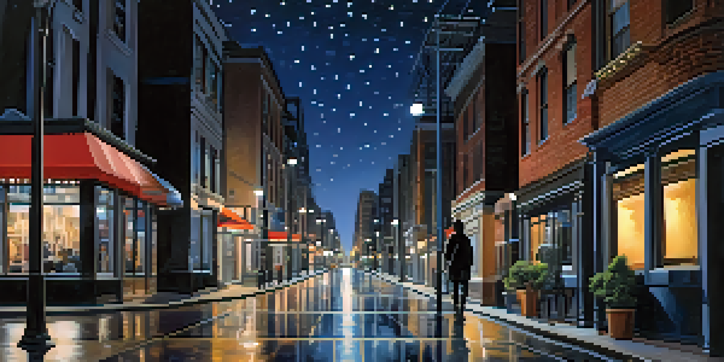 A nighttime city scene with well-lit streets, an illuminated traveler wearing reflective clothing, and a starry sky.