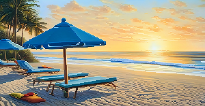 A tranquil beach at sunrise with gentle waves, palm trees, and colorful beach umbrellas.