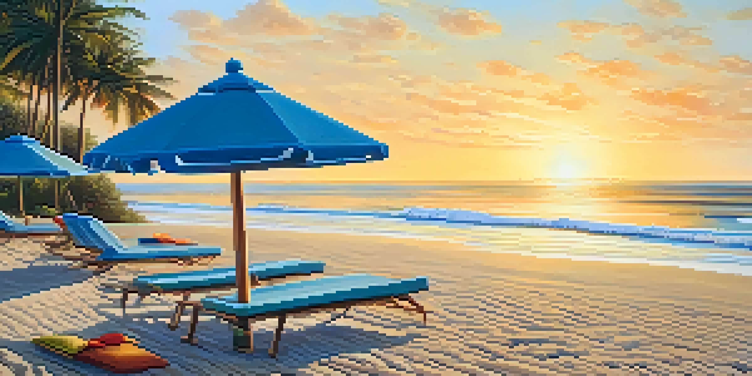 A tranquil beach at sunrise with gentle waves, palm trees, and colorful beach umbrellas.