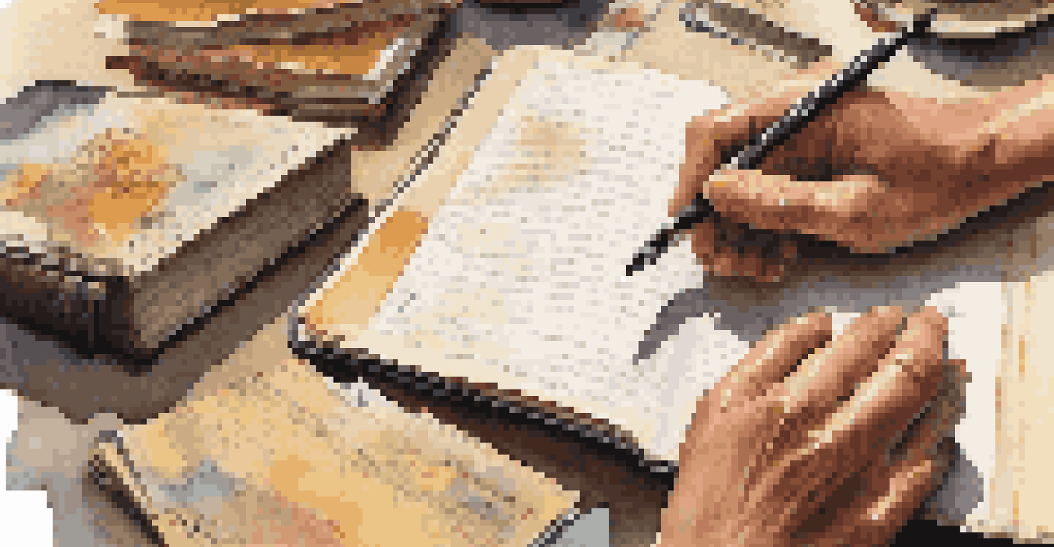 A close-up of a teacher writing in a journal with travel brochures and cultural items on the table, under warm lighting.