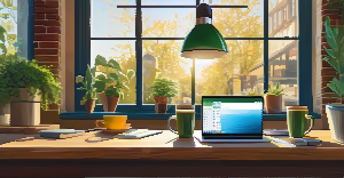 A cozy workspace in a café featuring a laptop, a reusable water bottle, and a notebook, illuminated by sunlight with plants in the background.