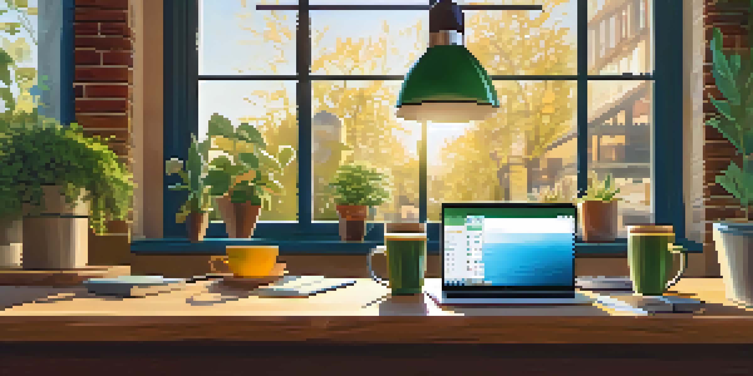 A cozy workspace in a café featuring a laptop, a reusable water bottle, and a notebook, illuminated by sunlight with plants in the background.