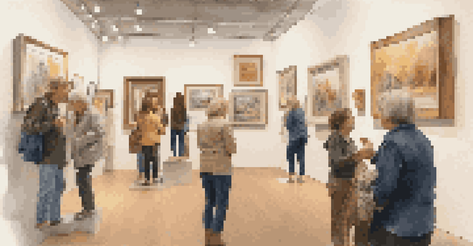 A local artist explaining her artwork to a small group in a warmly lit gallery filled with paintings and sculptures.