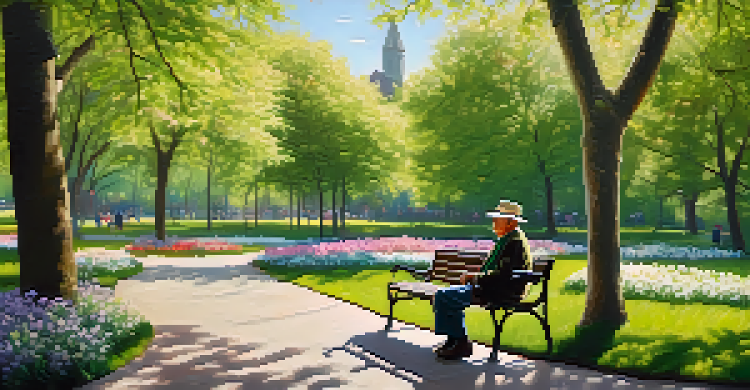 A senior man is walking in a park with a cane, dressed in a light jacket and hat, surrounded by blooming flowers and greenery.