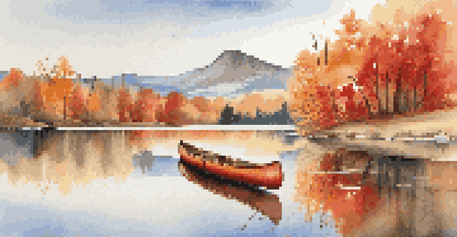 A mountain landscape with a lake reflecting autumn foliage, featuring a wooden canoe in the foreground.