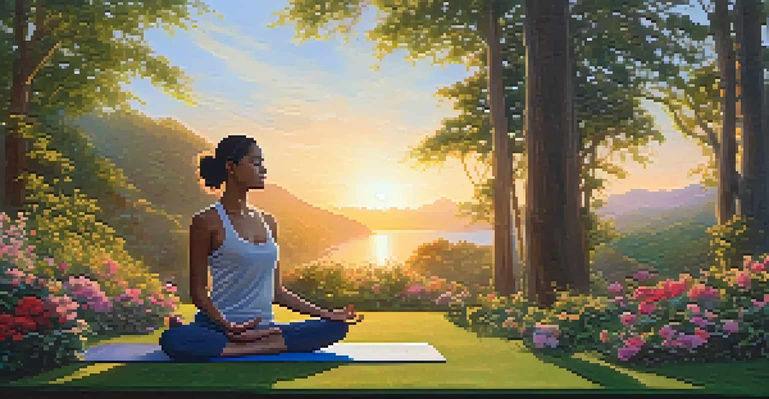 A person practicing yoga outdoors amidst greenery and flowers, with a beautiful sunset in the background.