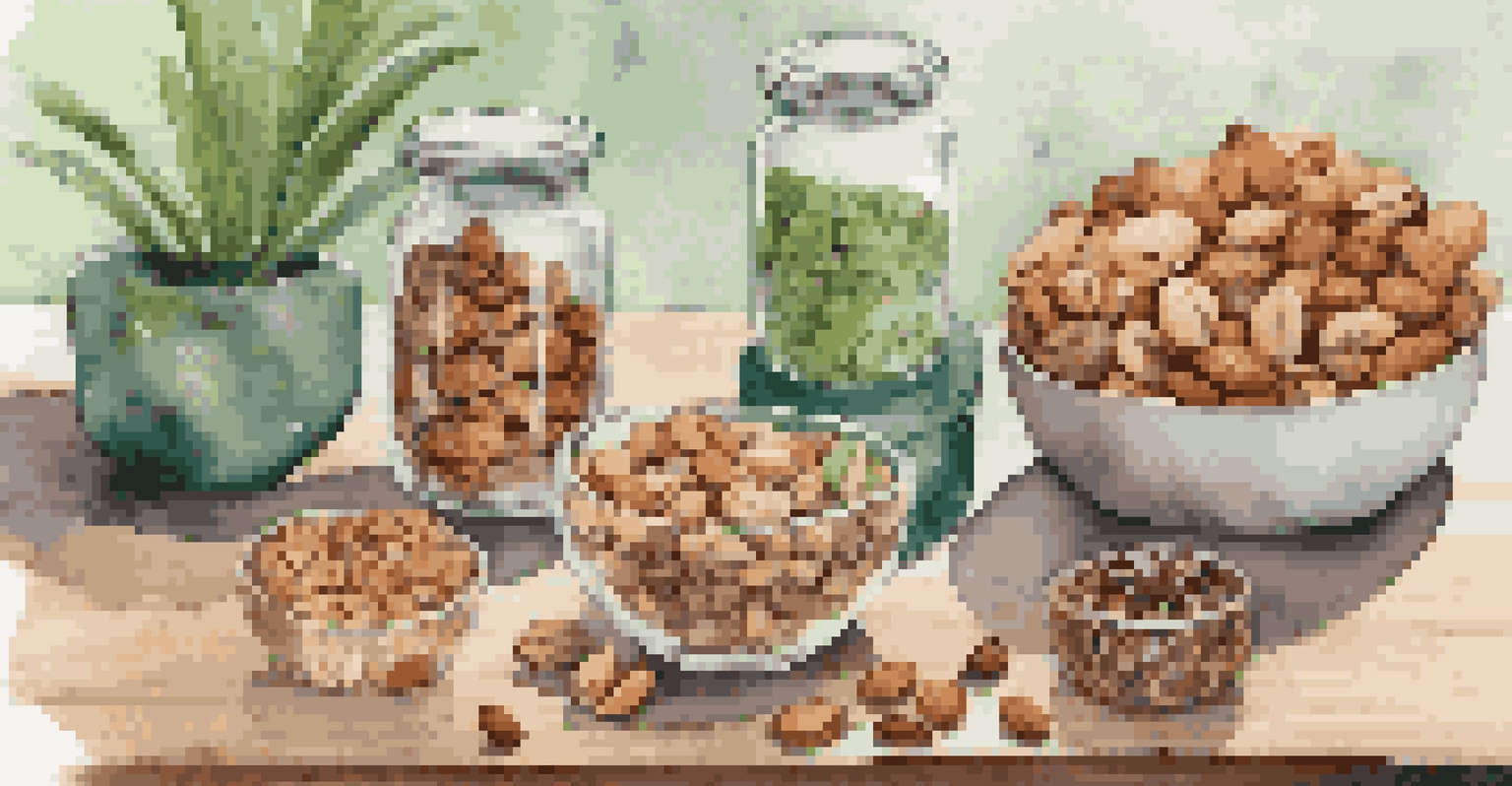 A variety of healthy snacks in eco-friendly containers on a wooden table, with a water bottle and plant in the background.