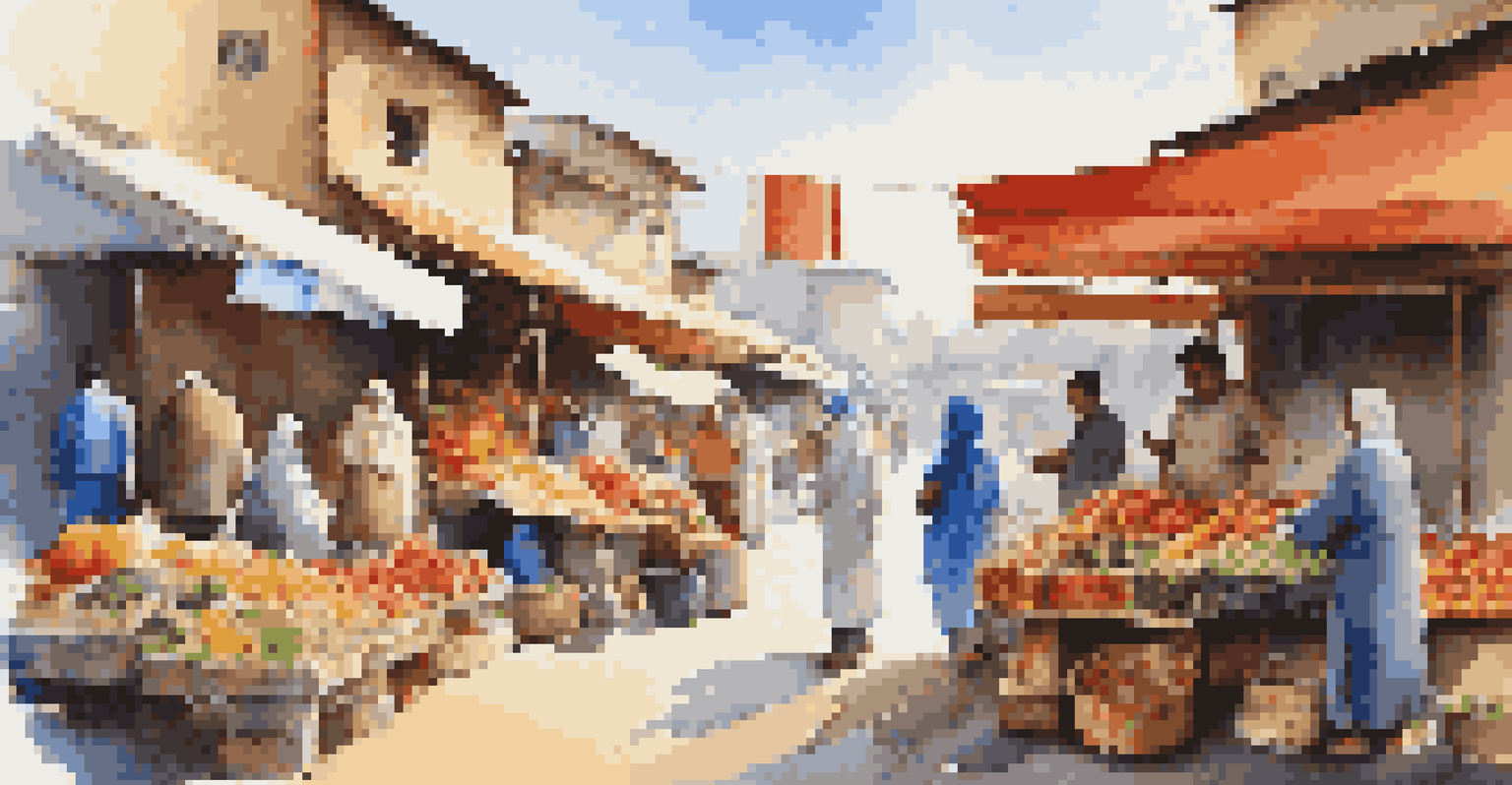 A local market with a vendor accepting cash from a tourist, surrounded by colorful stalls and a clear sky.