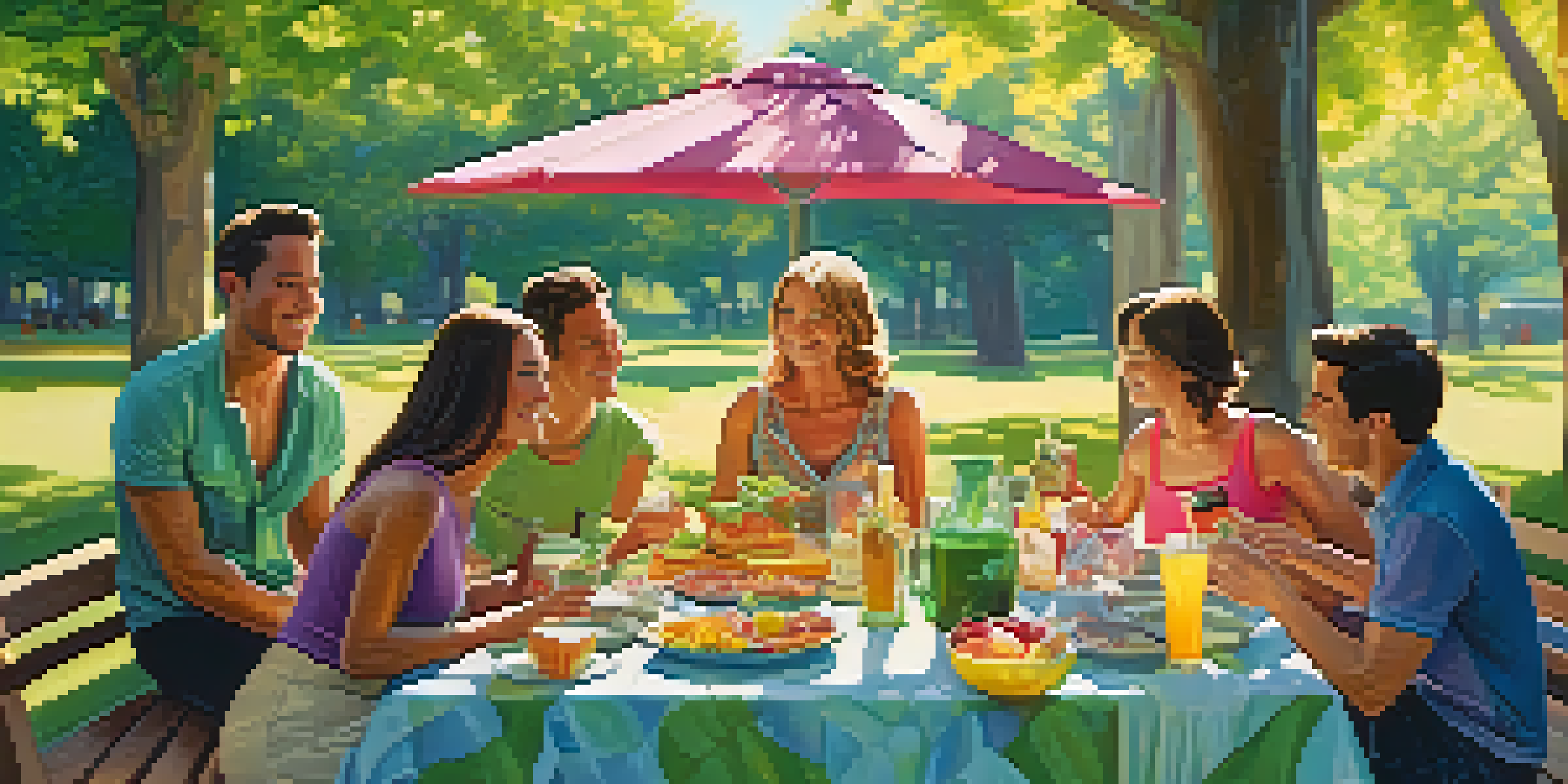 A group of friends enjoying a picnic in a sunny park, with a colorful spread of food on the table surrounded by nature.