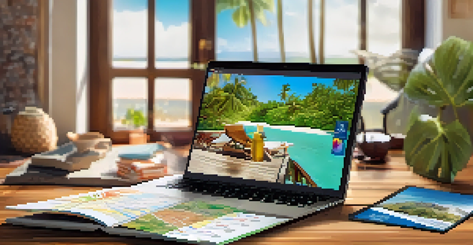 A traveler planning a trip with a smartphone, travel brochures, and a map on a wooden table, illuminated by natural light.