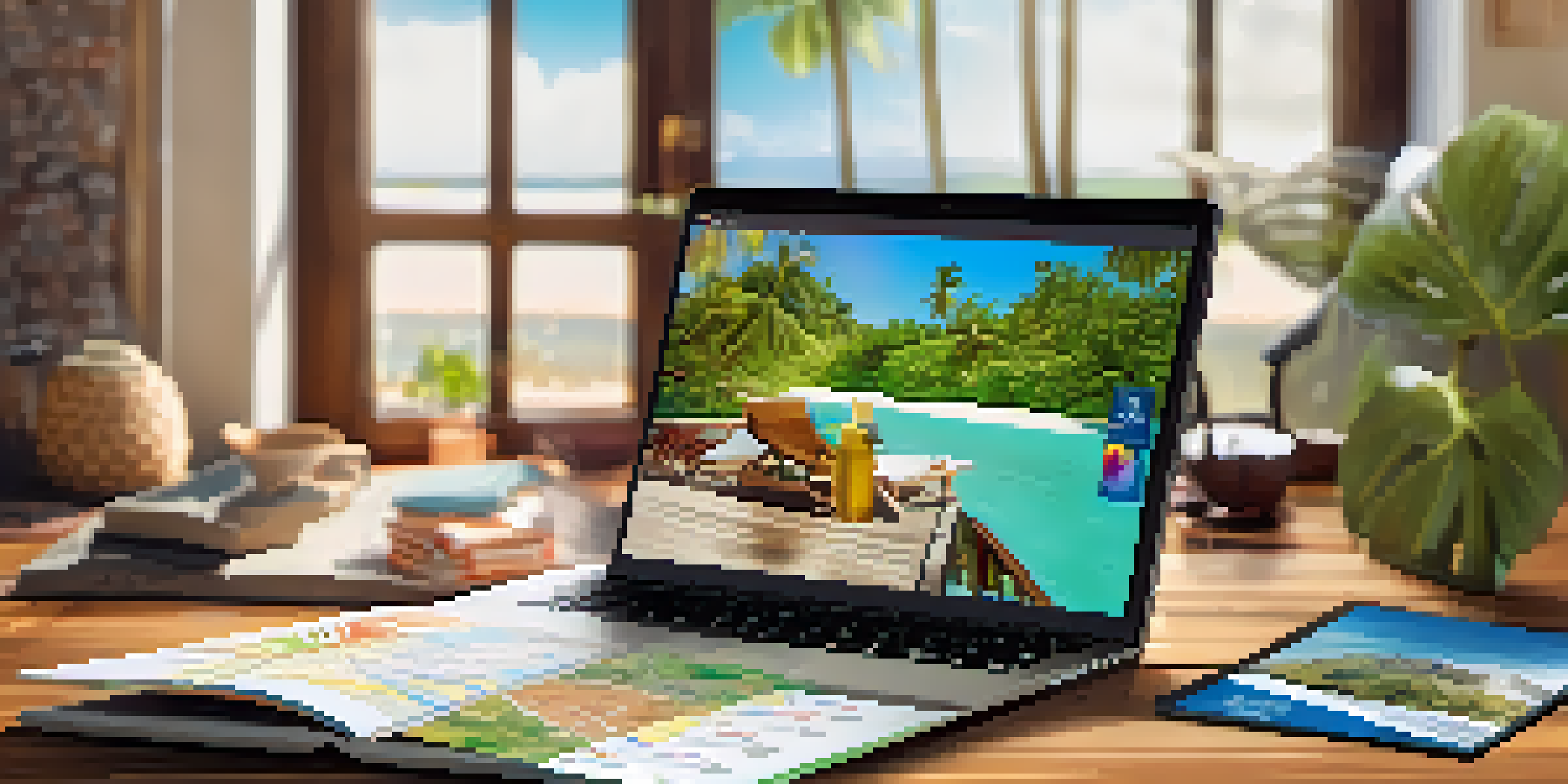 A traveler planning a trip with a smartphone, travel brochures, and a map on a wooden table, illuminated by natural light.