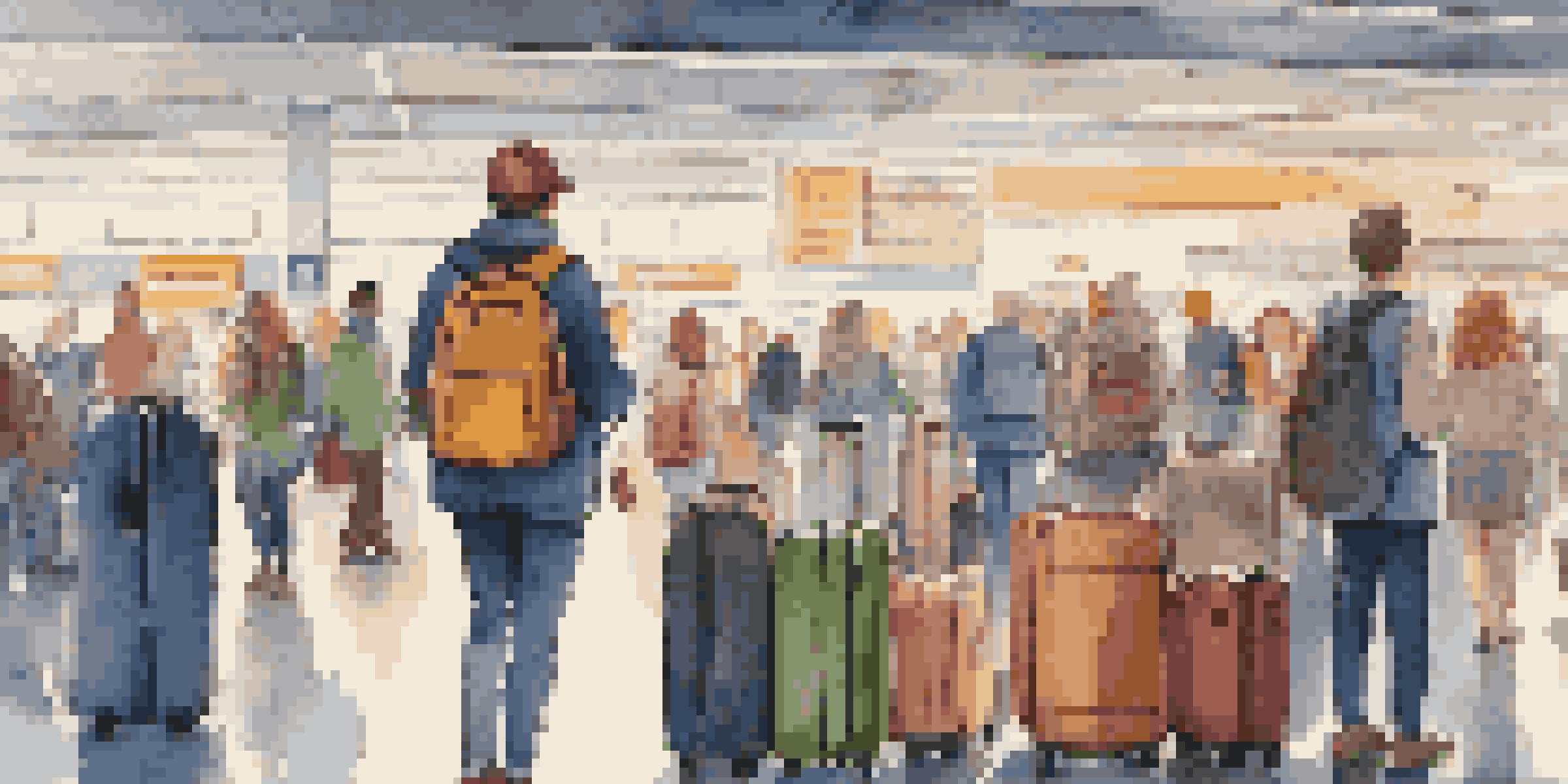 A traveler in an airport checking a packing list on their smartphone, surrounded by colorful luggage and busy travelers.