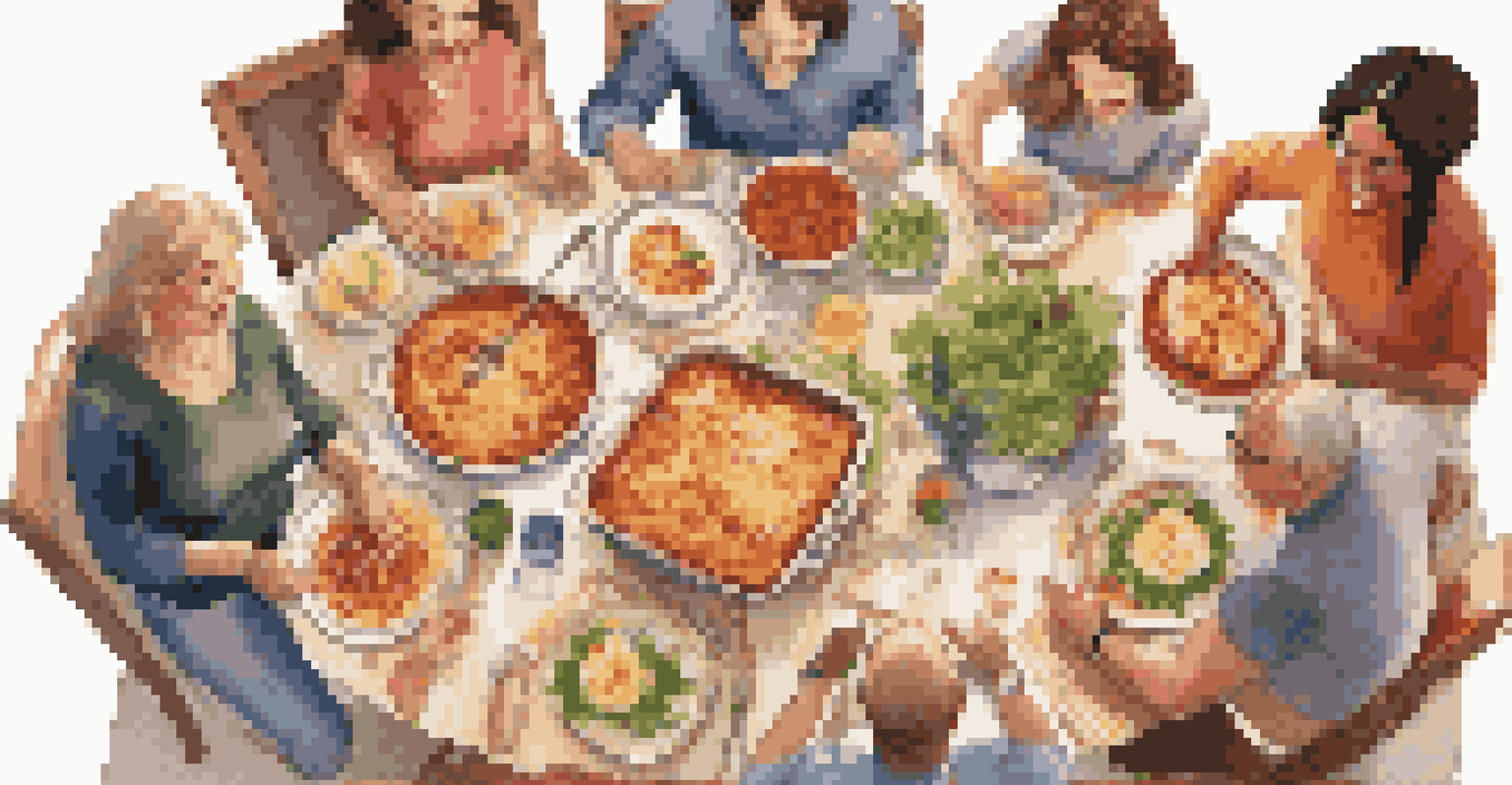 A diverse family enjoying a meal together at a beautifully set dining table filled with delicious homemade dishes.