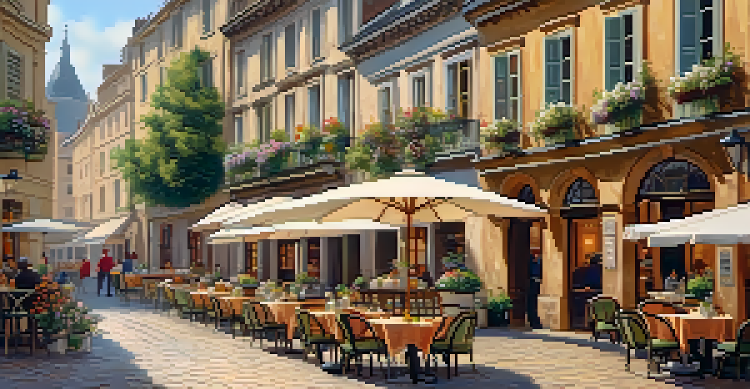 A charming café terrace with outdoor tables and flowers, set against historic buildings.