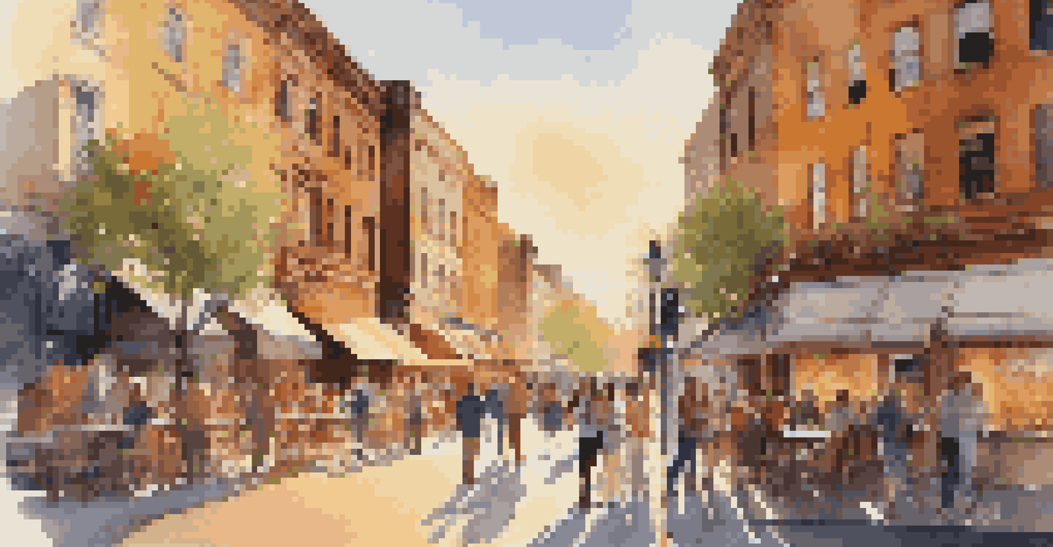 A city street filled with people and outdoor cafes during sunset, with colorful buildings.