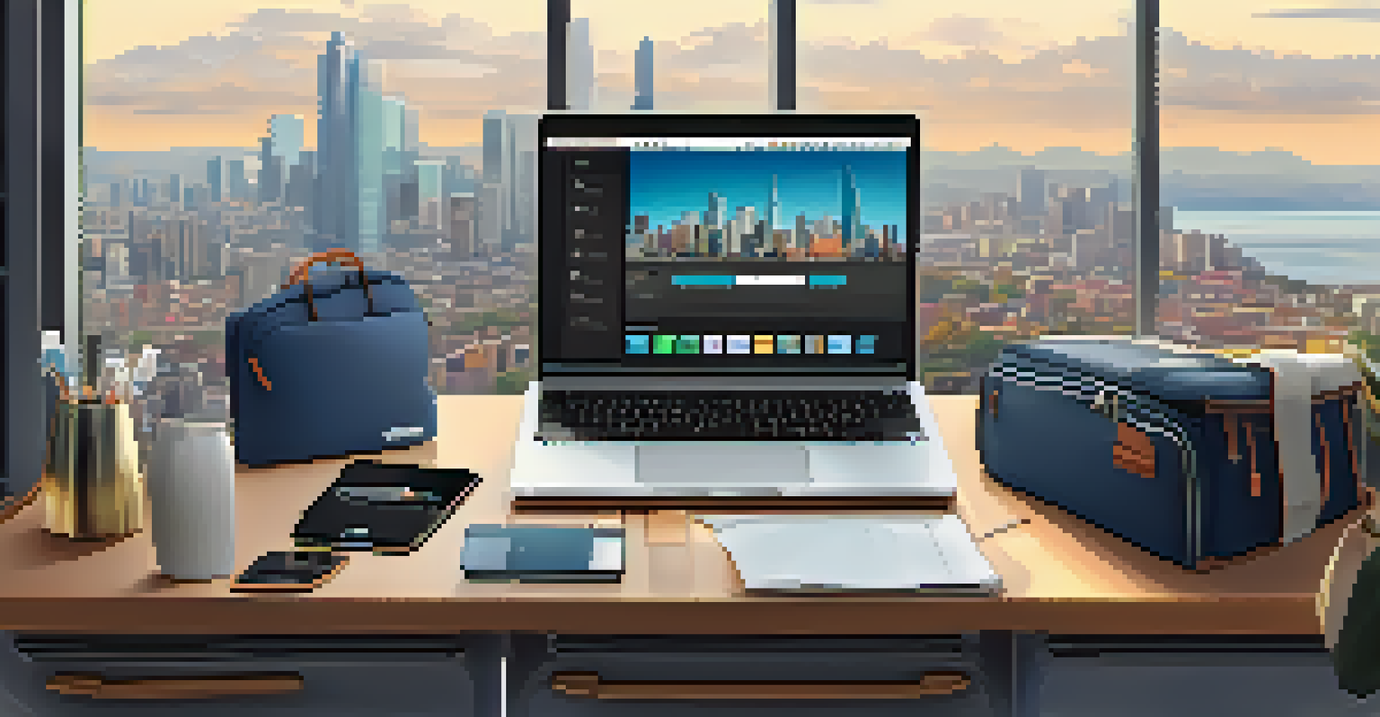 A stylish desk with a laptop and smartphone displaying a packing app, alongside neatly arranged packing cubes, with a city skyline view outside the window.