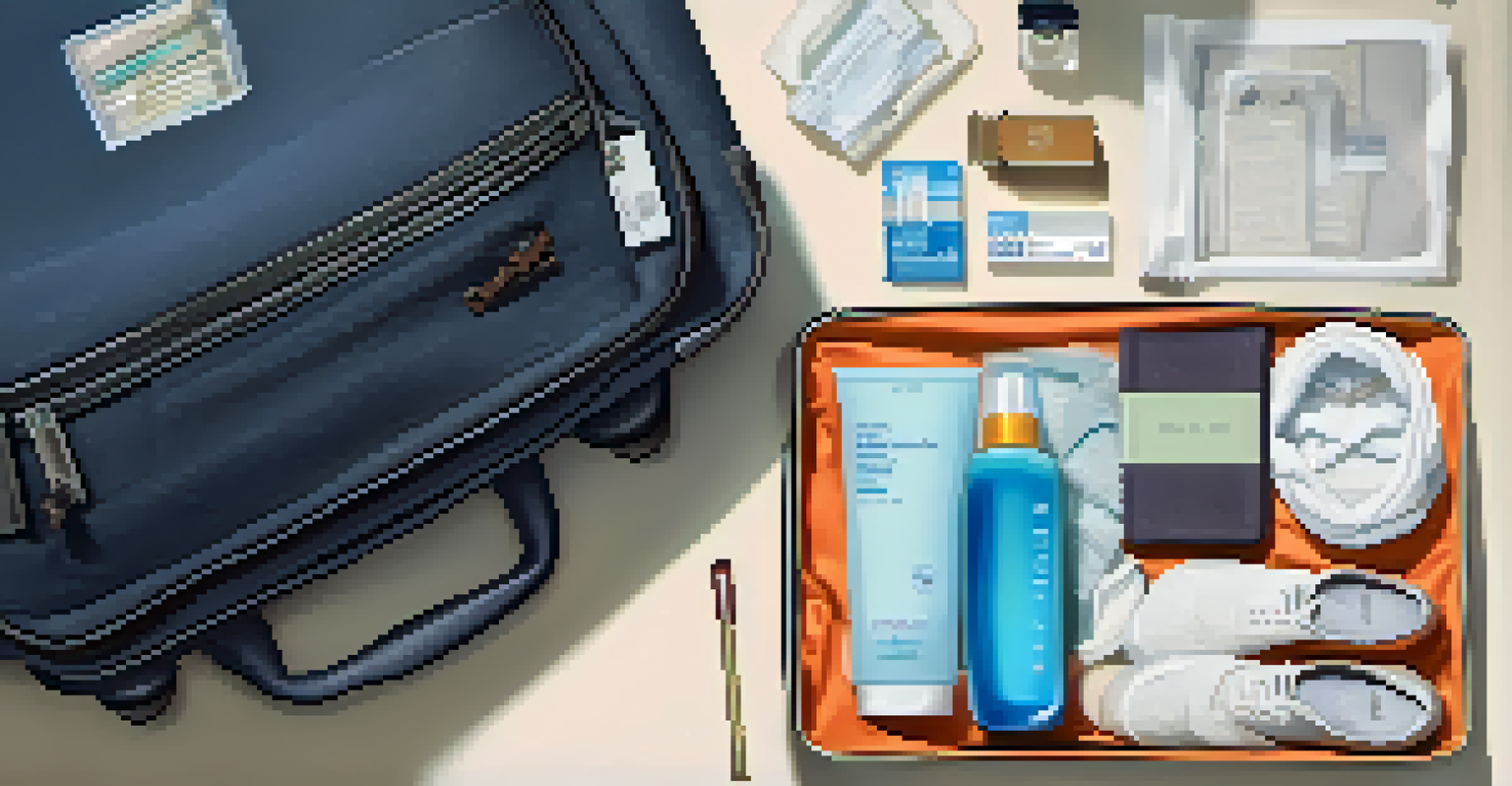 A close-up of a neatly packed carry-on bag with travel essentials like toiletries, a passport, and shoes.