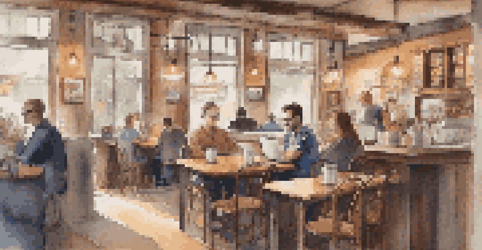 A person working on a laptop in a warm and inviting café, surrounded by other patrons and a coffee cup on the table.