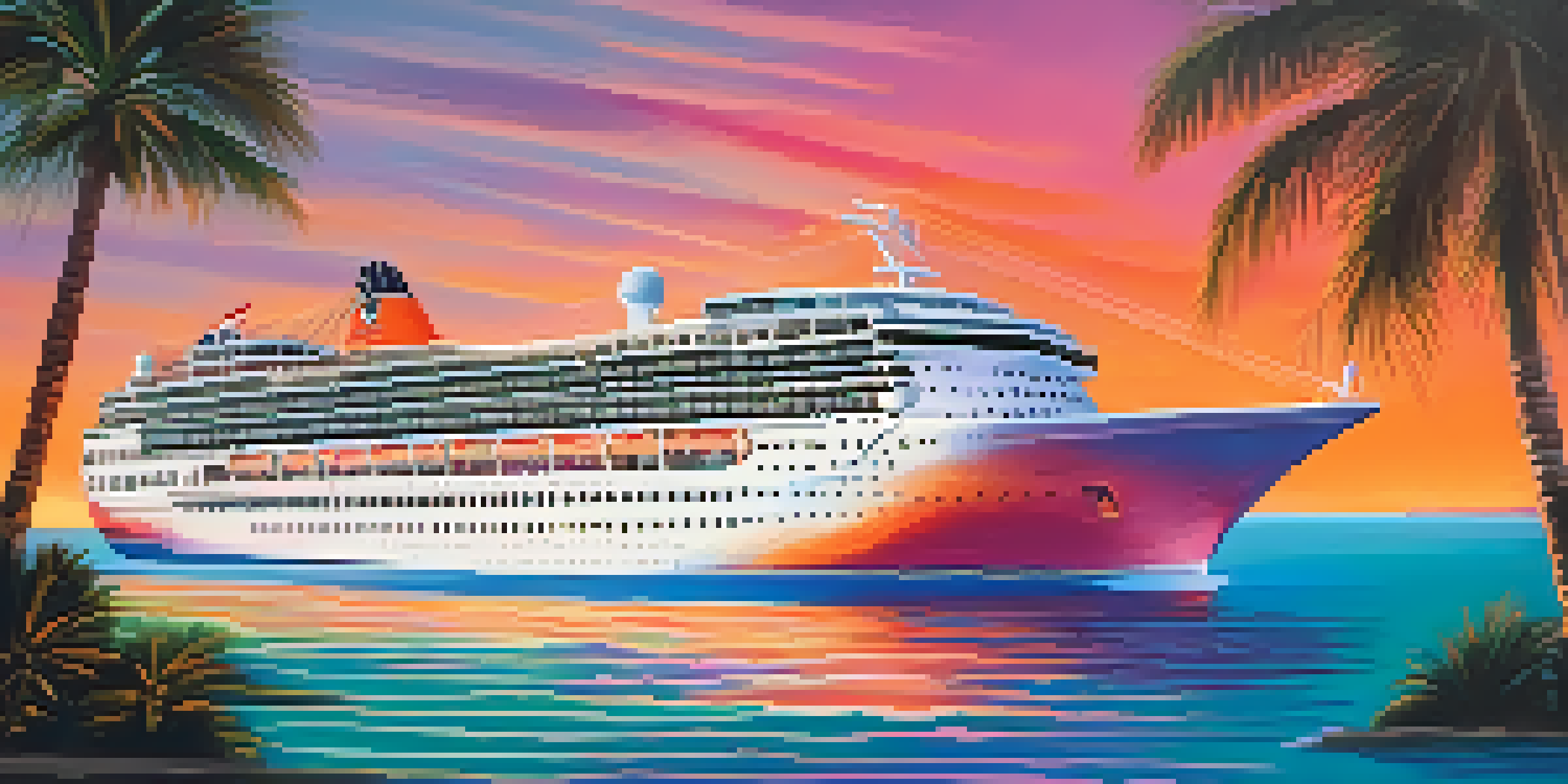 A cruise ship sailing on calm turquoise waters at sunset, with vibrant colors reflecting on the water and palm trees in the background.
