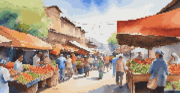 A lively local market with colorful stalls, fresh produce, and local vendors interacting with tourists.
