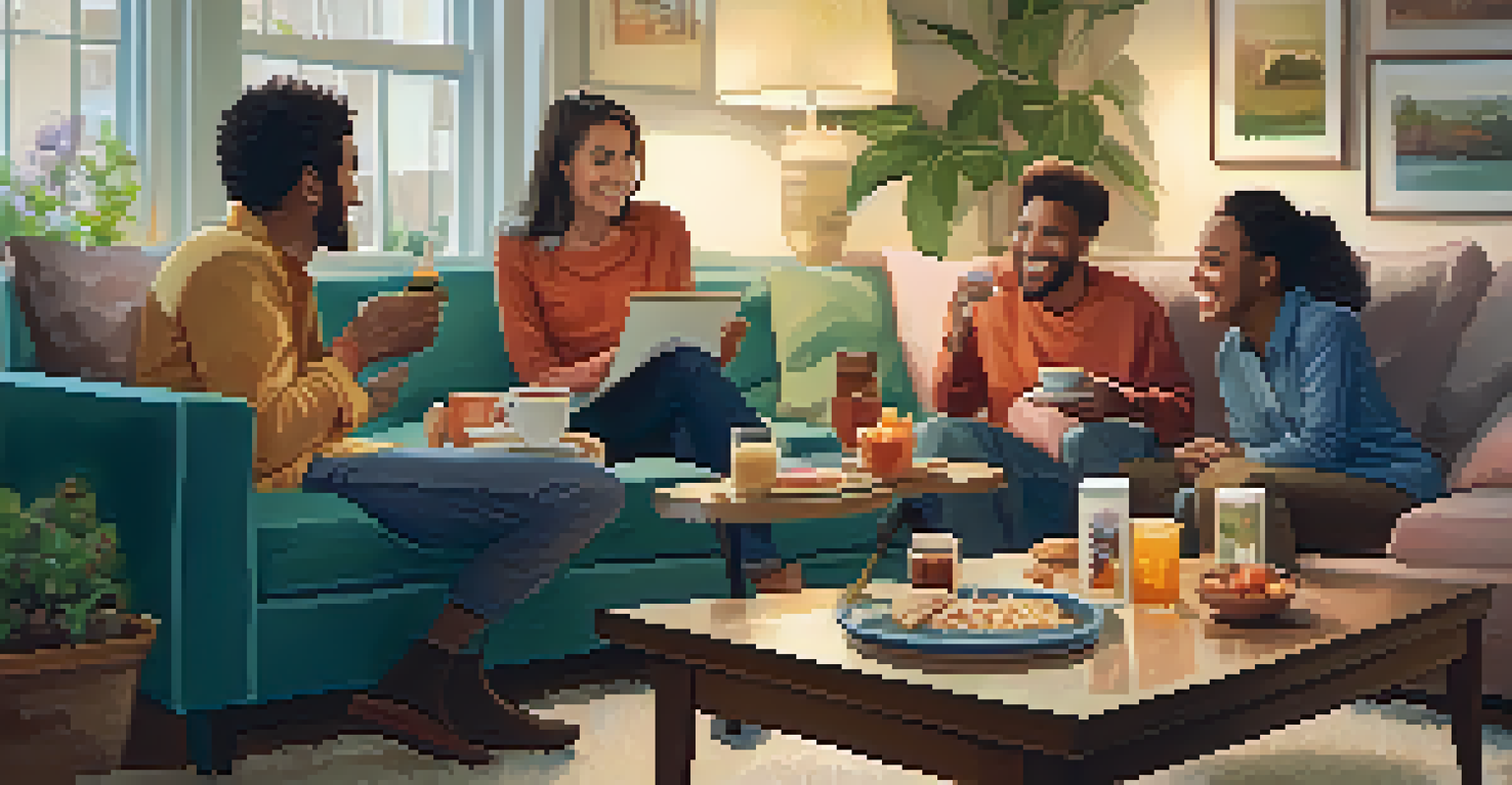 A group of friends laughing and sharing stories in a cozy living room filled with warm light and comfortable furnishings.