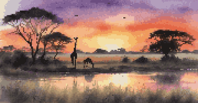 A silhouette of a giraffe grazing at sunset in a wildlife reserve, with vibrant sky colors and a calm waterhole.