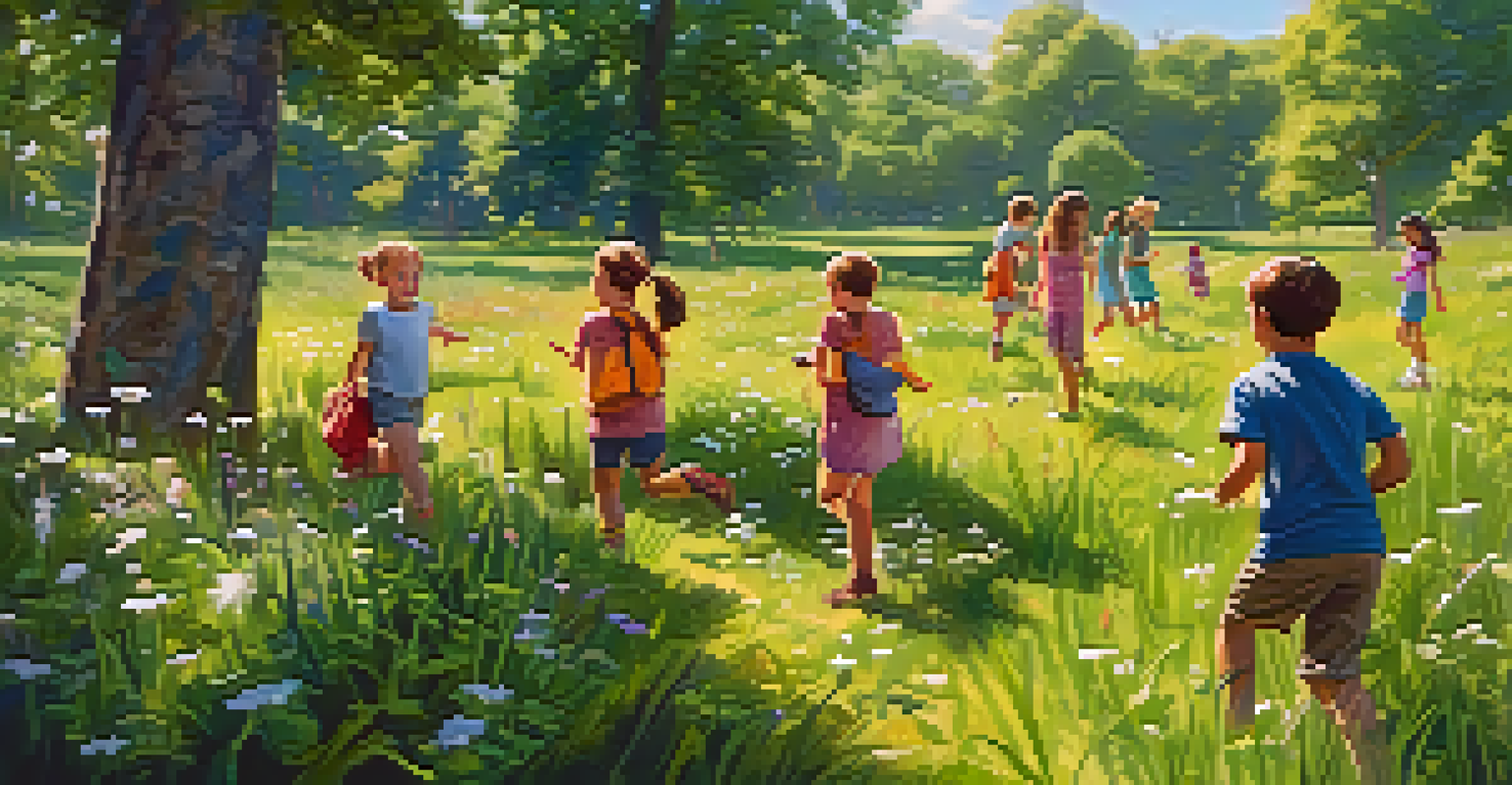 Children engaged in a nature scavenger hunt in a green meadow, searching for natural items.