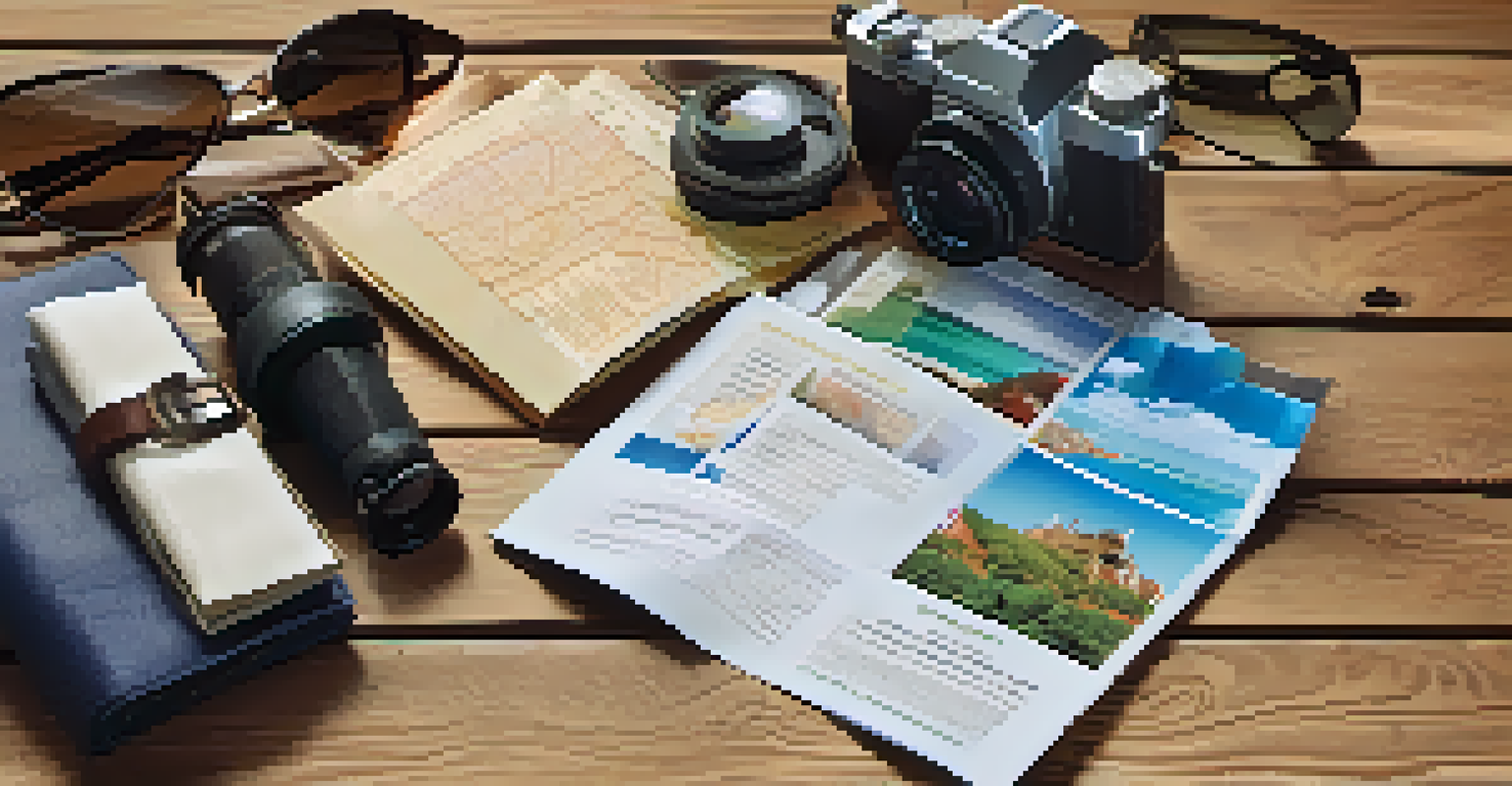 A travel insurance brochure on a wooden table with travel items like a globe, passport, and camera.