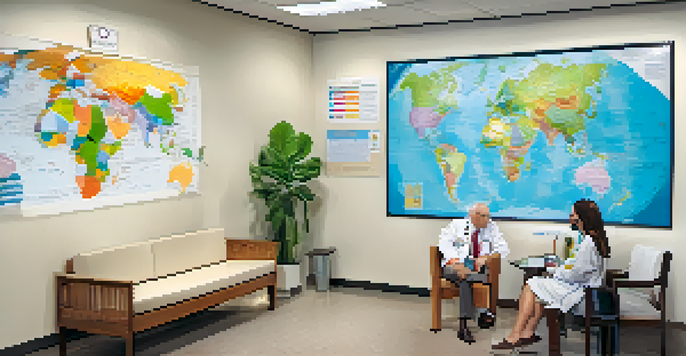 A friendly healthcare professional discussing vaccinations with a traveler in a bright travel health clinic.