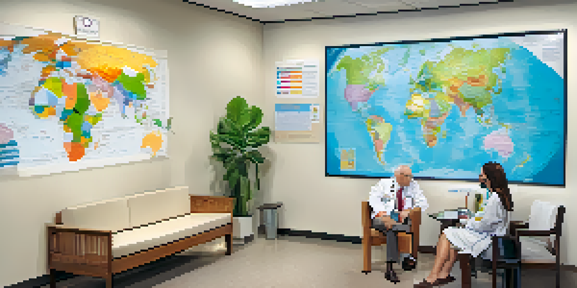 A friendly healthcare professional discussing vaccinations with a traveler in a bright travel health clinic.