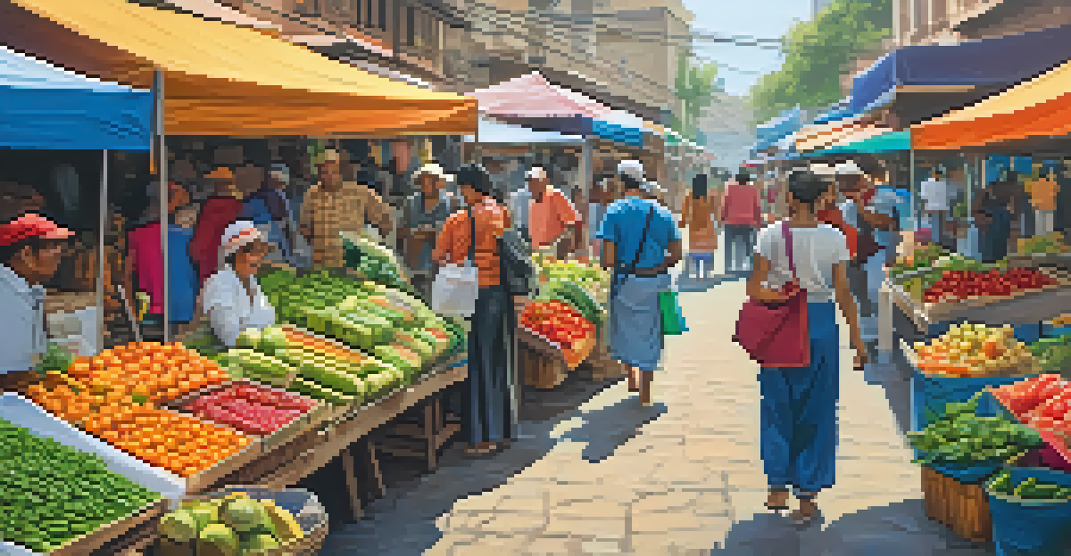 A vibrant local market bustling with people, colorful stalls filled with fresh produce and crafts.