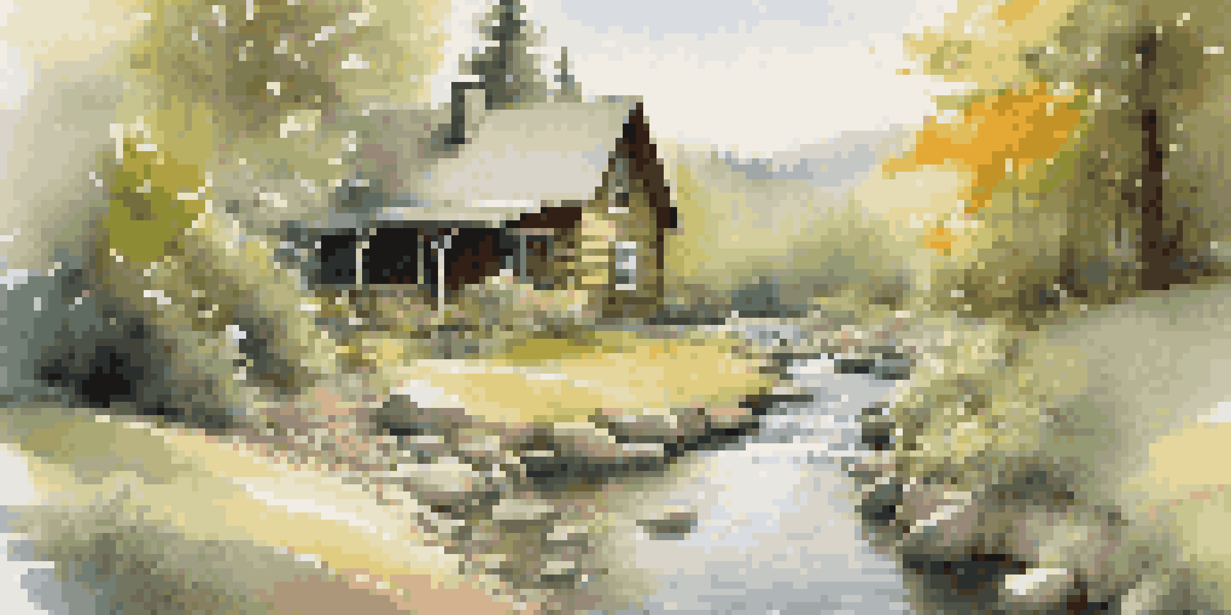 A cabin in the woods with a happy dog playing in front of a stream, surrounded by greenery and sunlight.