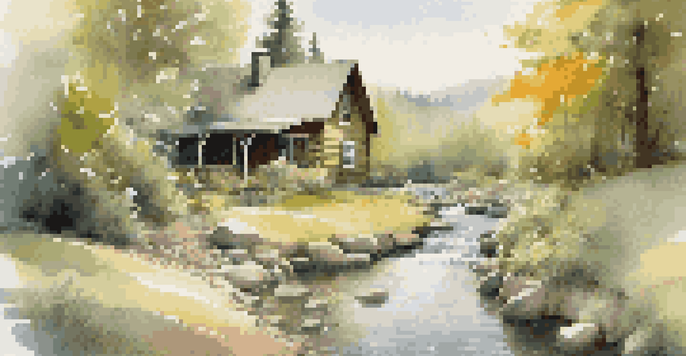 A cabin in the woods with a happy dog playing in front of a stream, surrounded by greenery and sunlight.