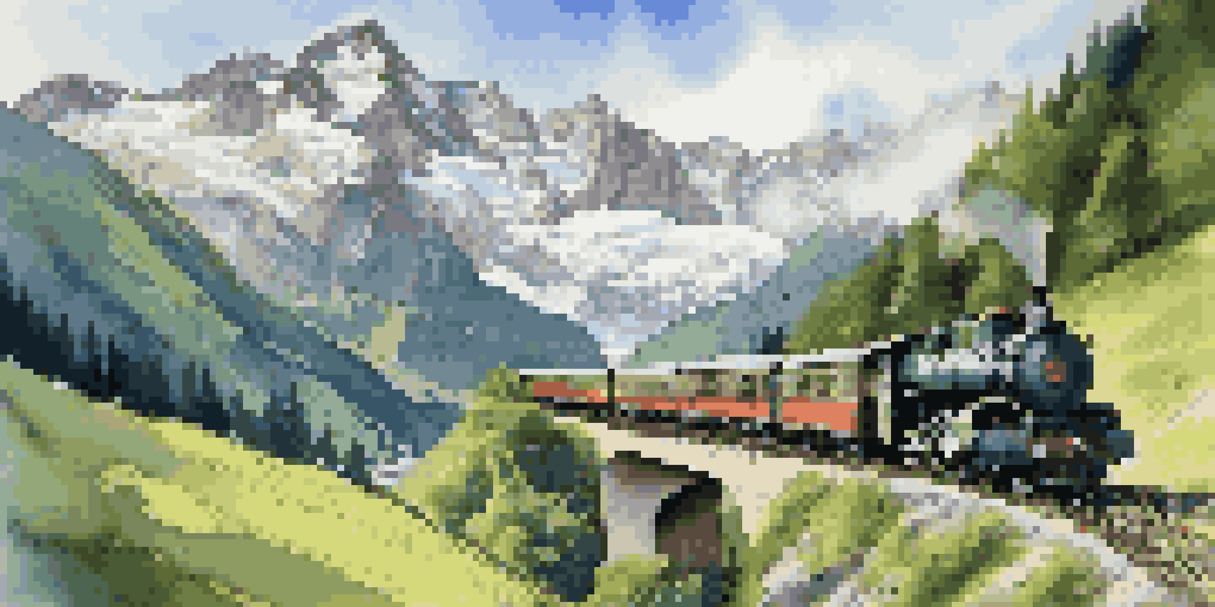 A vintage train traveling through the Swiss Alps, with mountains and green valleys in the background.