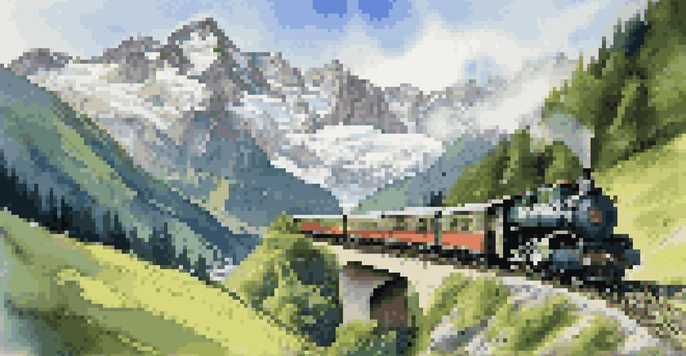 A vintage train traveling through the Swiss Alps, with mountains and green valleys in the background.