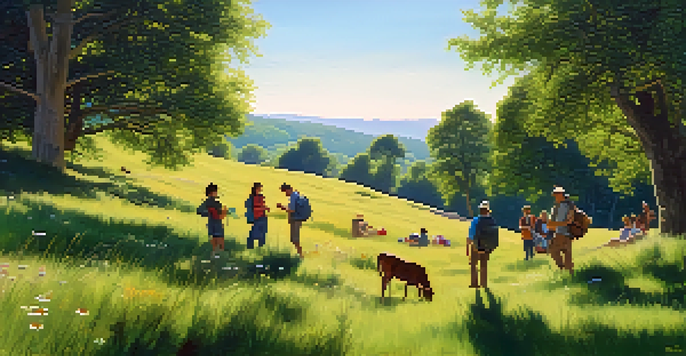A diverse group of travelers interacting with a local artisan in a colorful meadow, surrounded by wildflowers.