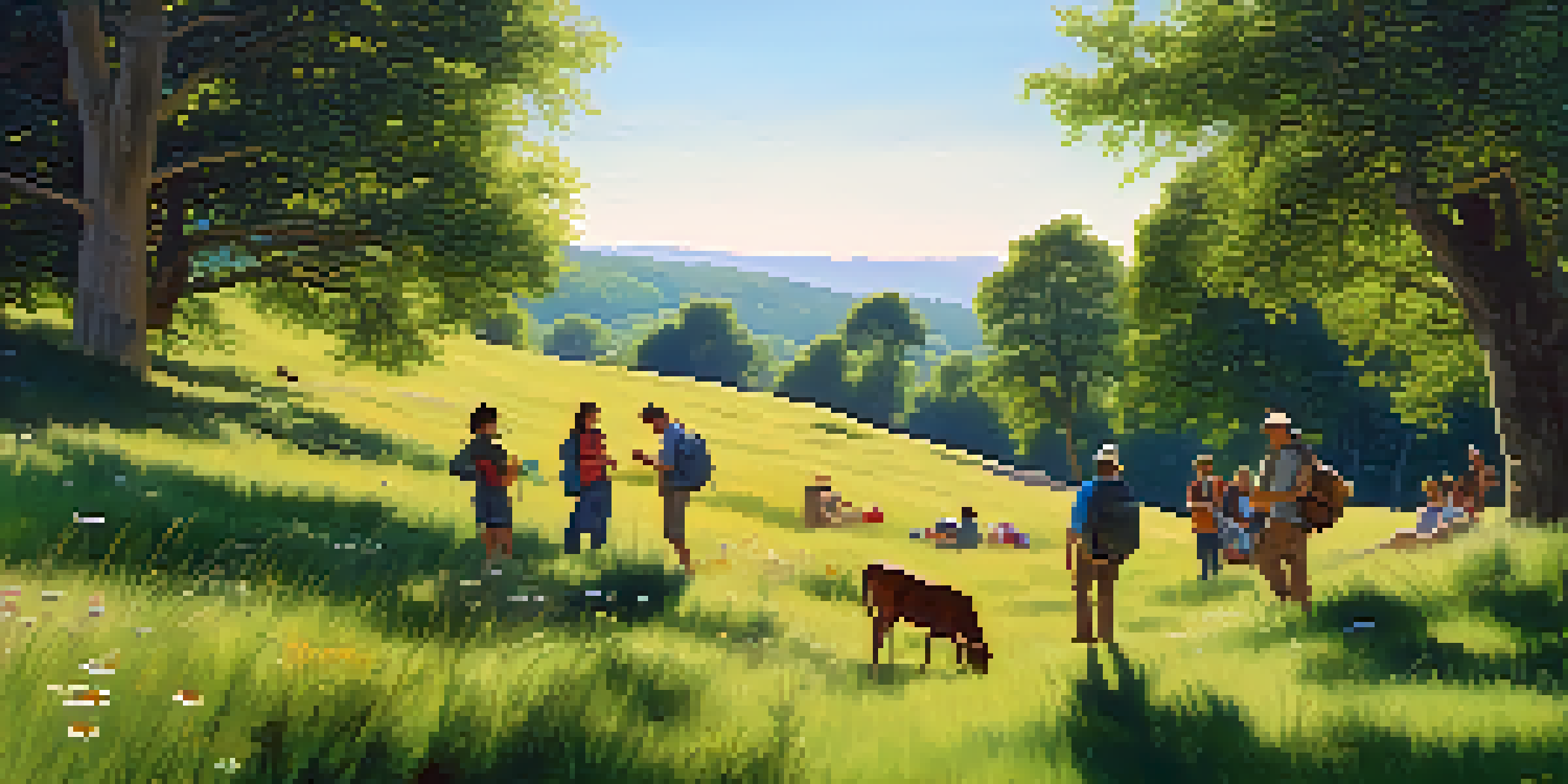 A diverse group of travelers interacting with a local artisan in a colorful meadow, surrounded by wildflowers.