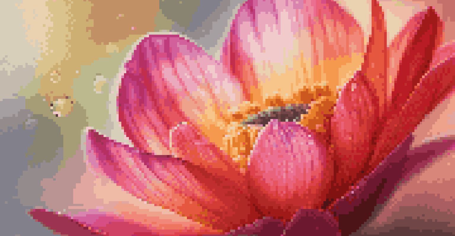 A vivid close-up of a flower petal with water droplets, showcasing its textures and colors against a blurred background.