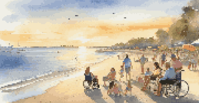 A tranquil beach with a wheelchair-accessible ramp, vibrant umbrellas, and families enjoying the sunset by the water.